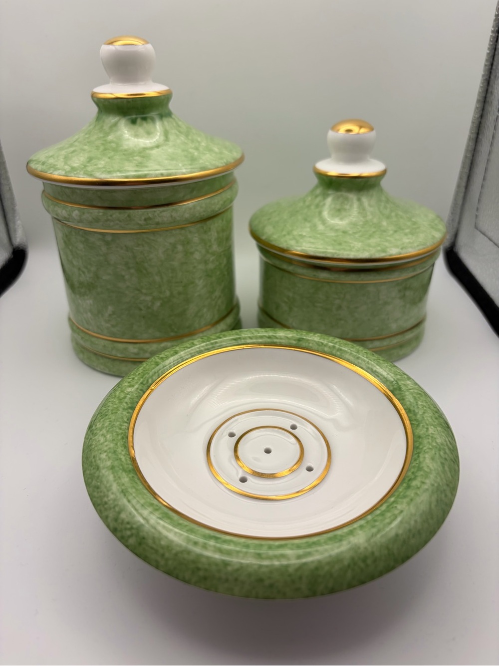 Rare Vintage Peter Ting "Malachite Green" Fine Bone China 3-Piece Vanity Set